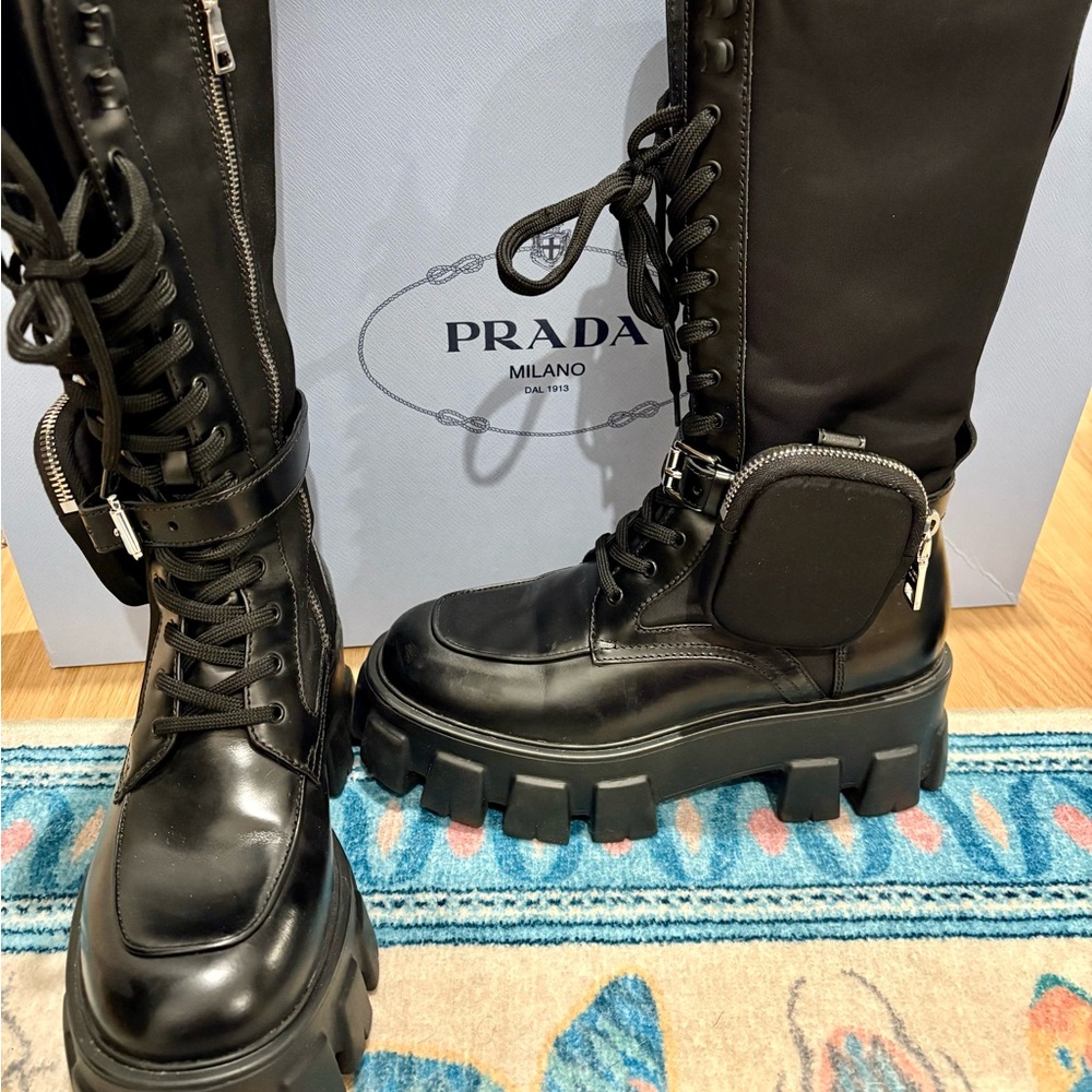 Prada Monolith Black Leather Combat Boots with Pouch